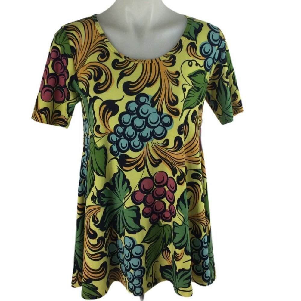 LulaRoe Perfect Tee Blouse Wine Grapes Filagree Floral Yellow Size XS